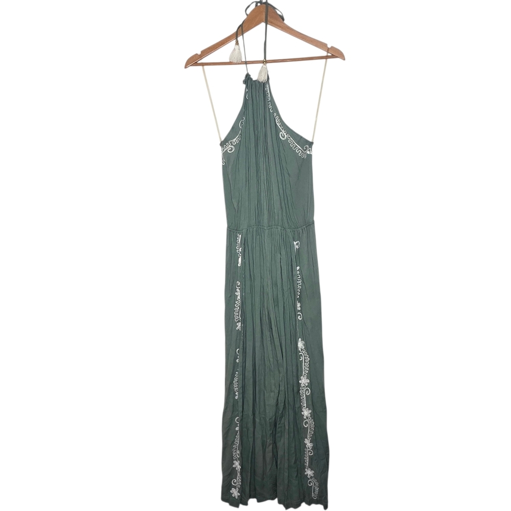 Earthbound Green White Embroidered Tie Neck Women's Jumpsuit Small S
